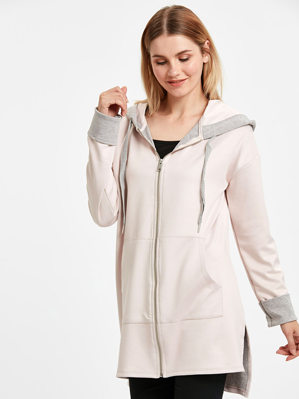 Pembe Fermuarlı Sweatshirt