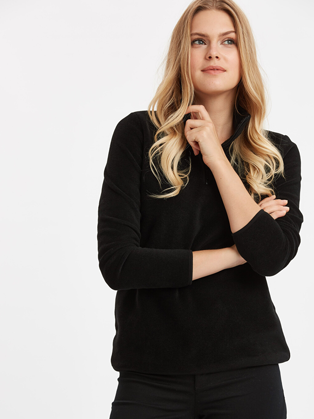 Siyah Fermuarlı Dik Yaka Kadın Polar Sweatshirt