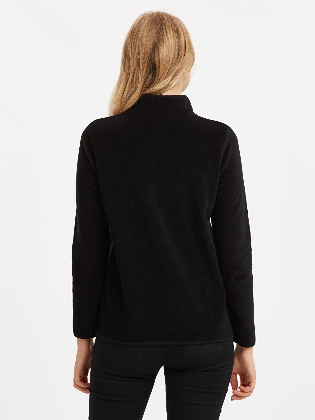 Siyah Fermuarlı Dik Yaka Kadın Polar Sweatshirt-1