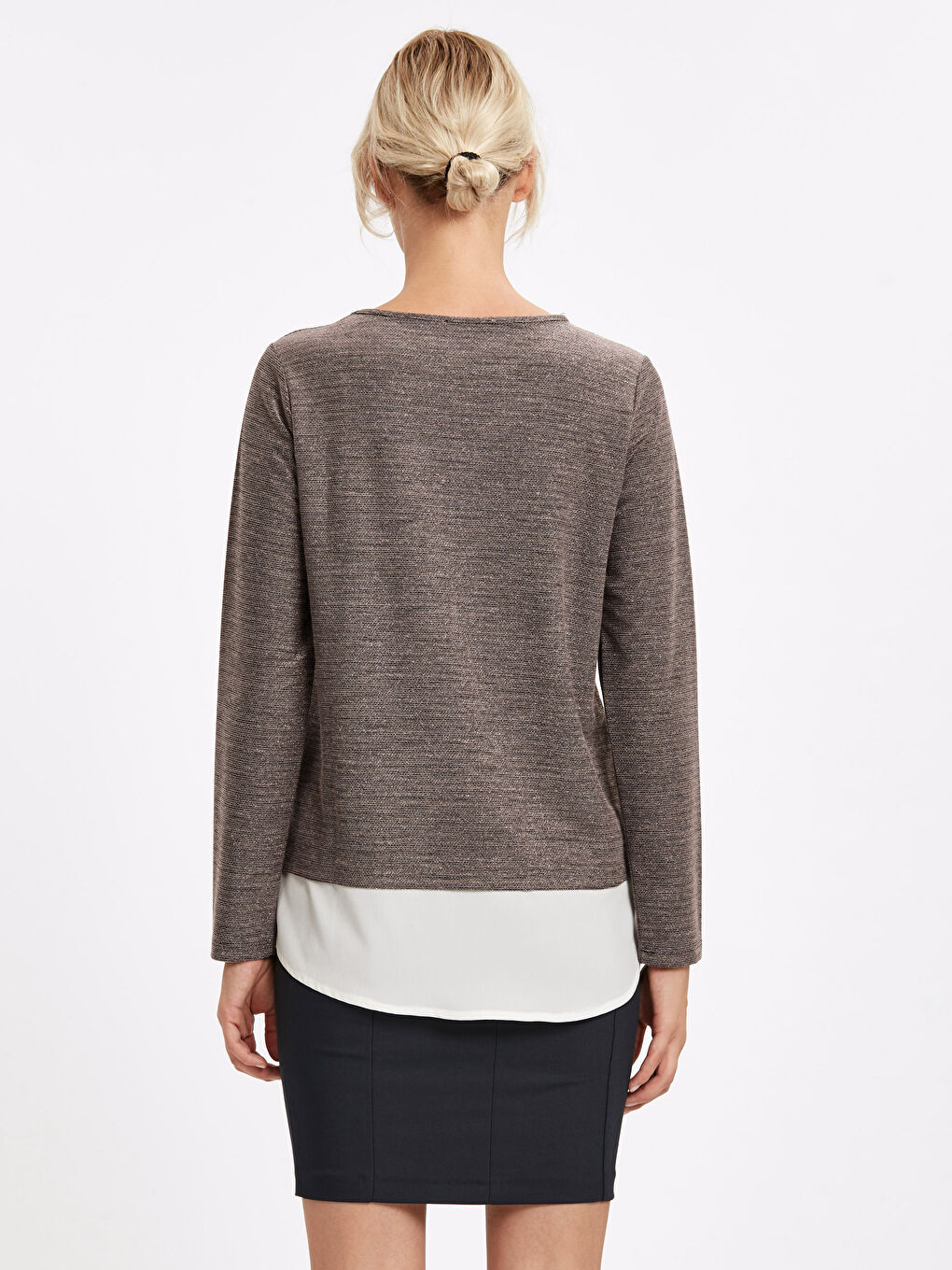 Pembe Bisiklet Yaka Standart Fit Uzun Kollu Kadın Bisiklet Yaka Tişört-1