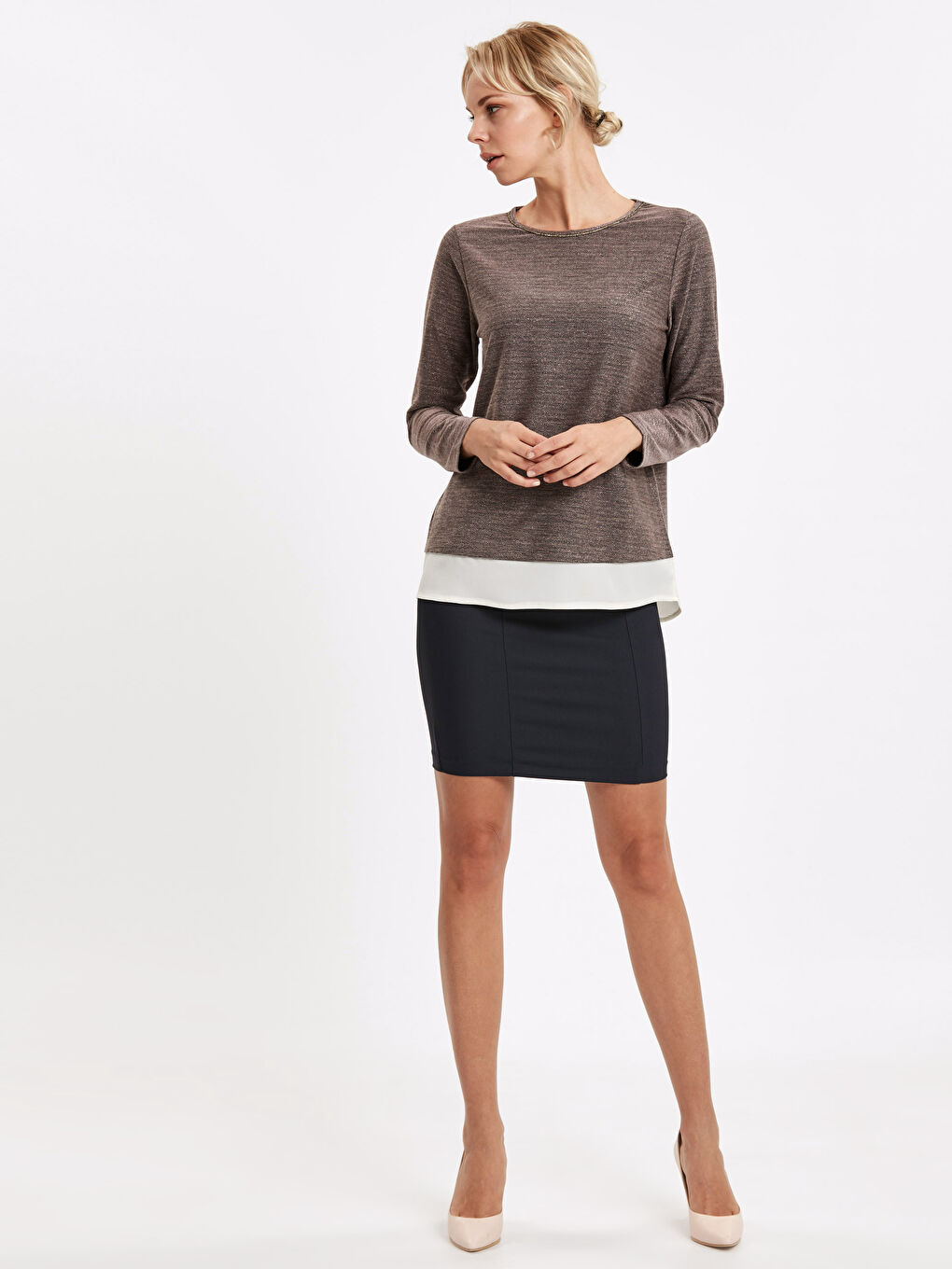 Pembe Bisiklet Yaka Standart Fit Uzun Kollu Kadın Bisiklet Yaka Tişört-2