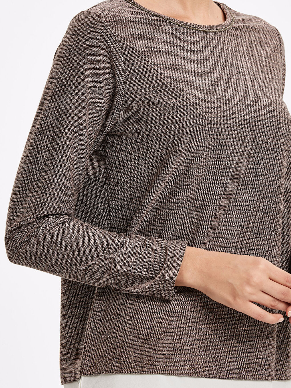 Pembe Bisiklet Yaka Standart Fit Uzun Kollu Kadın Bisiklet Yaka Tişört-3