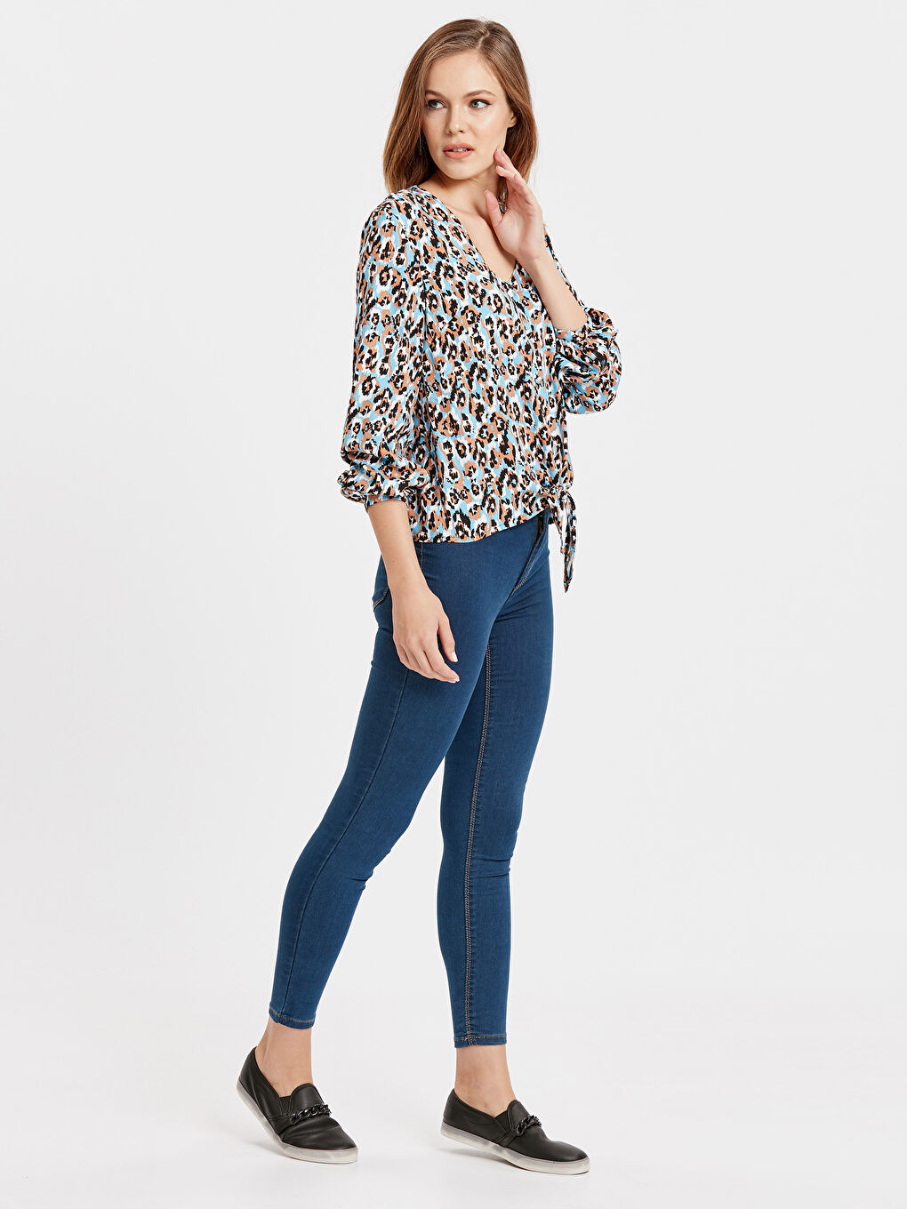 Tie Waist Patterned Long Sleeve Crepe Women Blouse-2