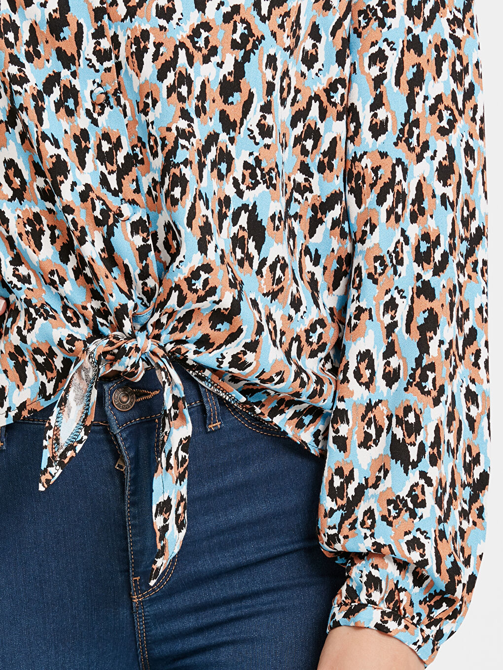 Tie Waist Patterned Long Sleeve Crepe Women Blouse-3