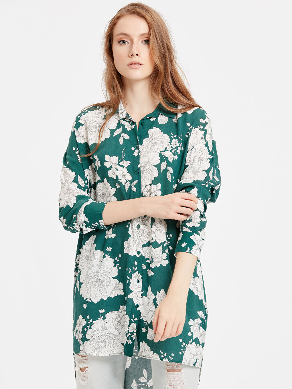 Yeşil Uzun Kollu Kadın Gömlek Tunik