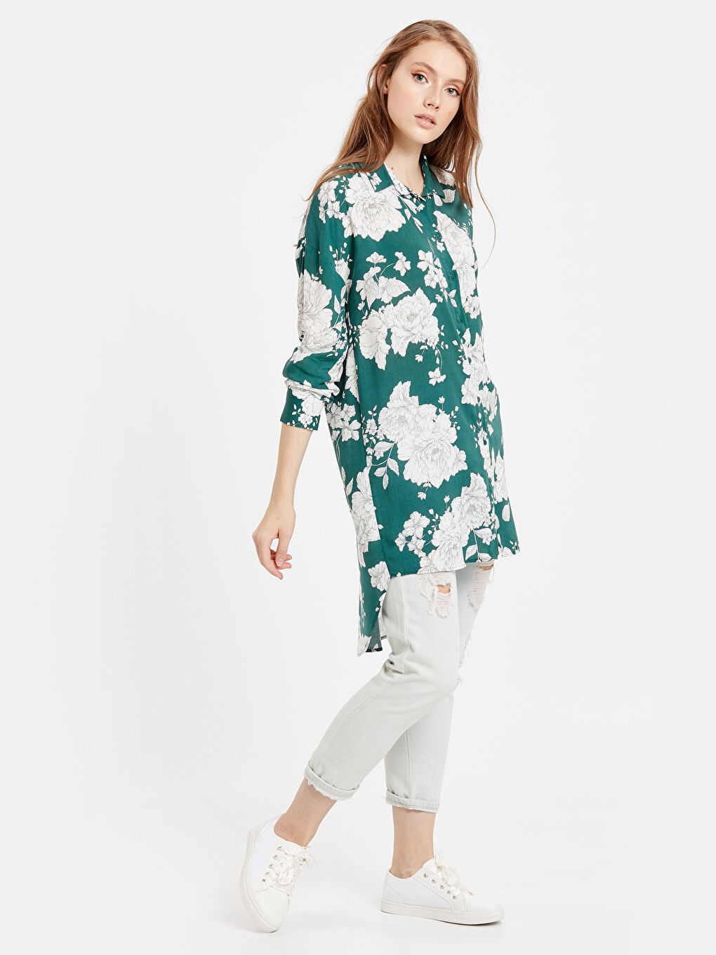 Yeşil Uzun Kollu Kadın Gömlek Tunik-2