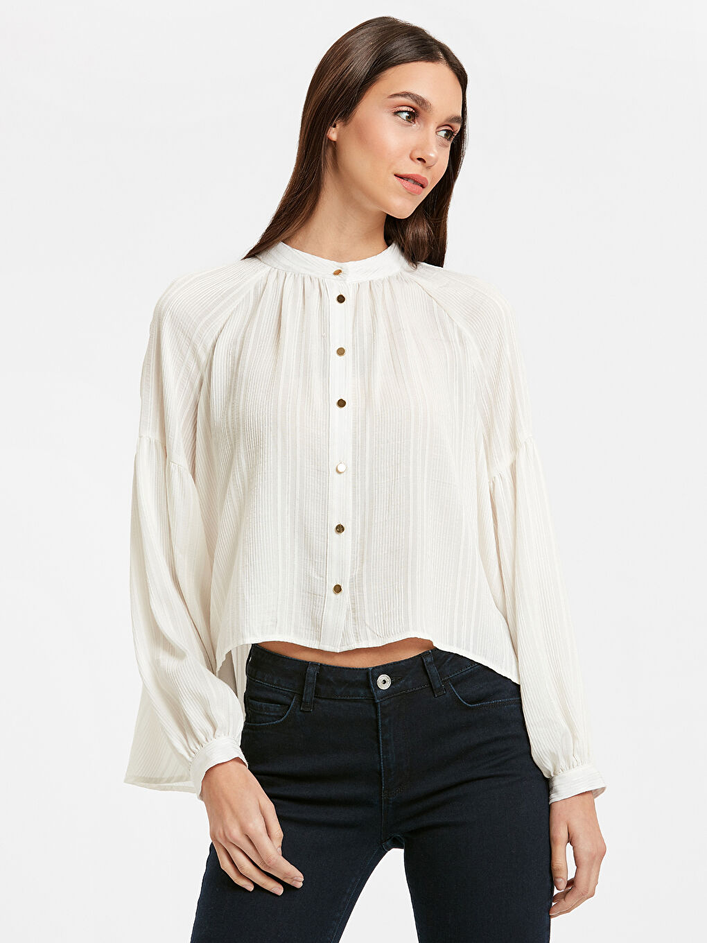 Ekru Balon Kol Armürlü Gömlek