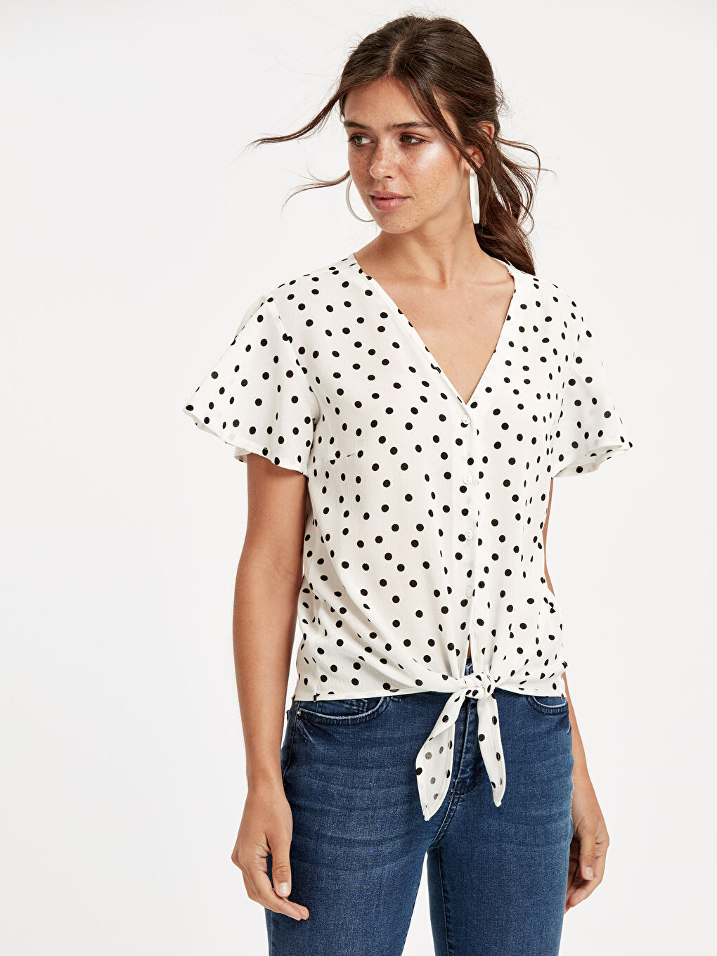 Ekru Desenli Düğme Detaylı Crinkle Gömlek