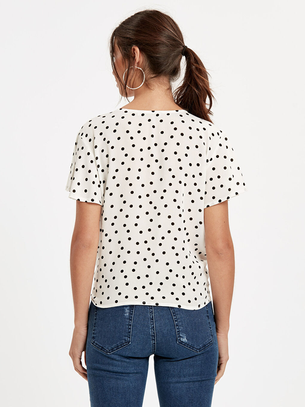 Ekru Desenli Düğme Detaylı Crinkle Gömlek-1