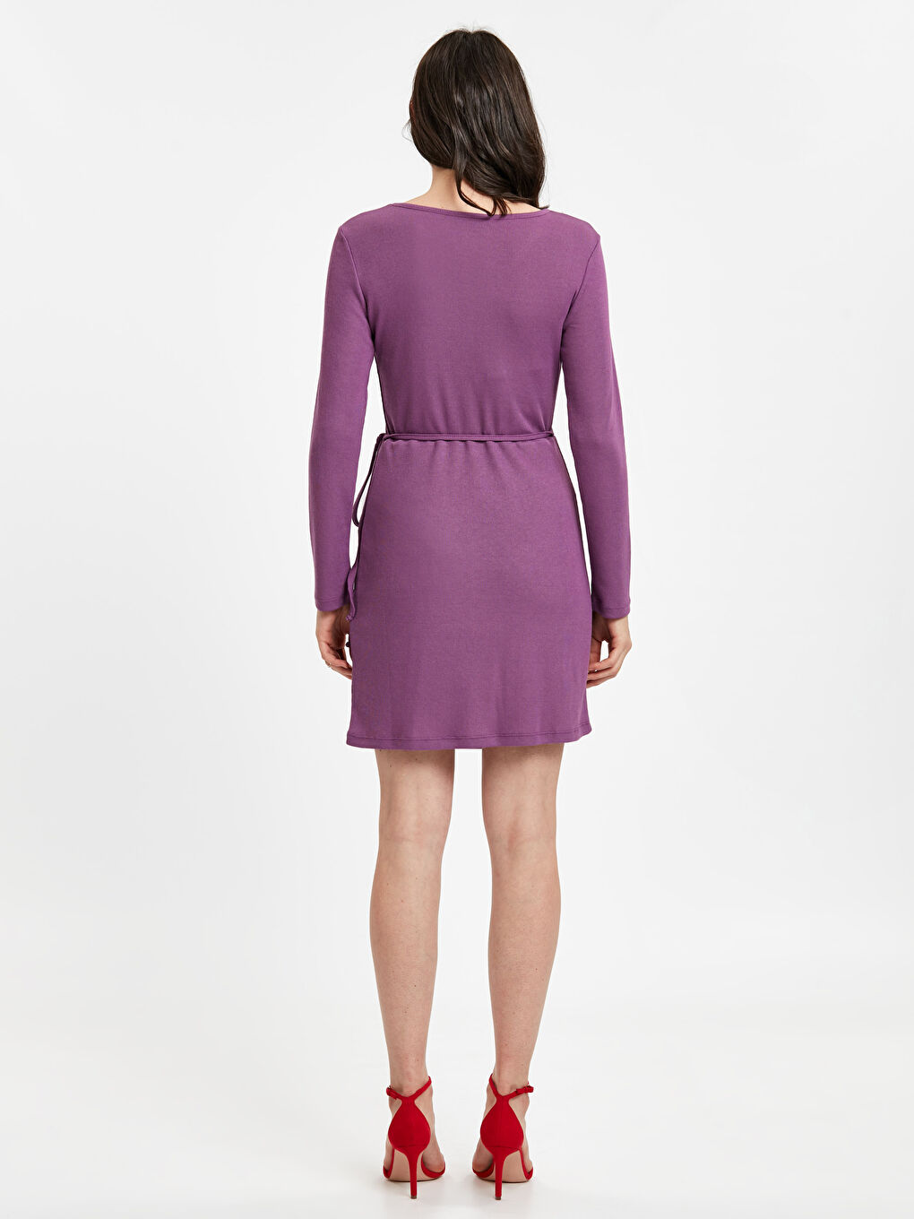 Mor V Yaka Uzun Kollu Anvelop Kesim Kadın Elbise-1