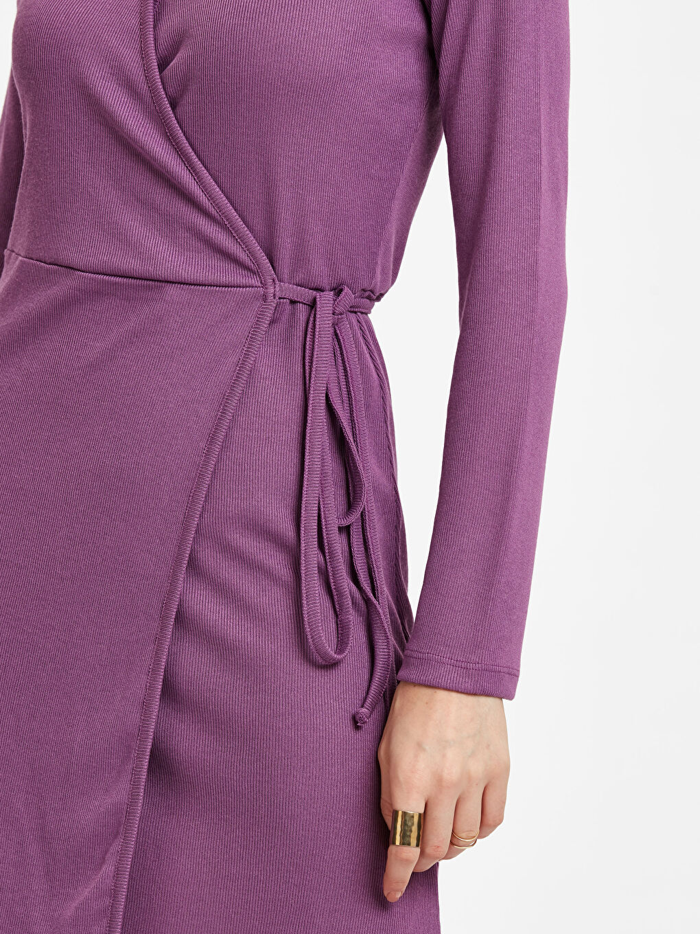 Mor V Yaka Uzun Kollu Anvelop Kesim Kadın Elbise-2