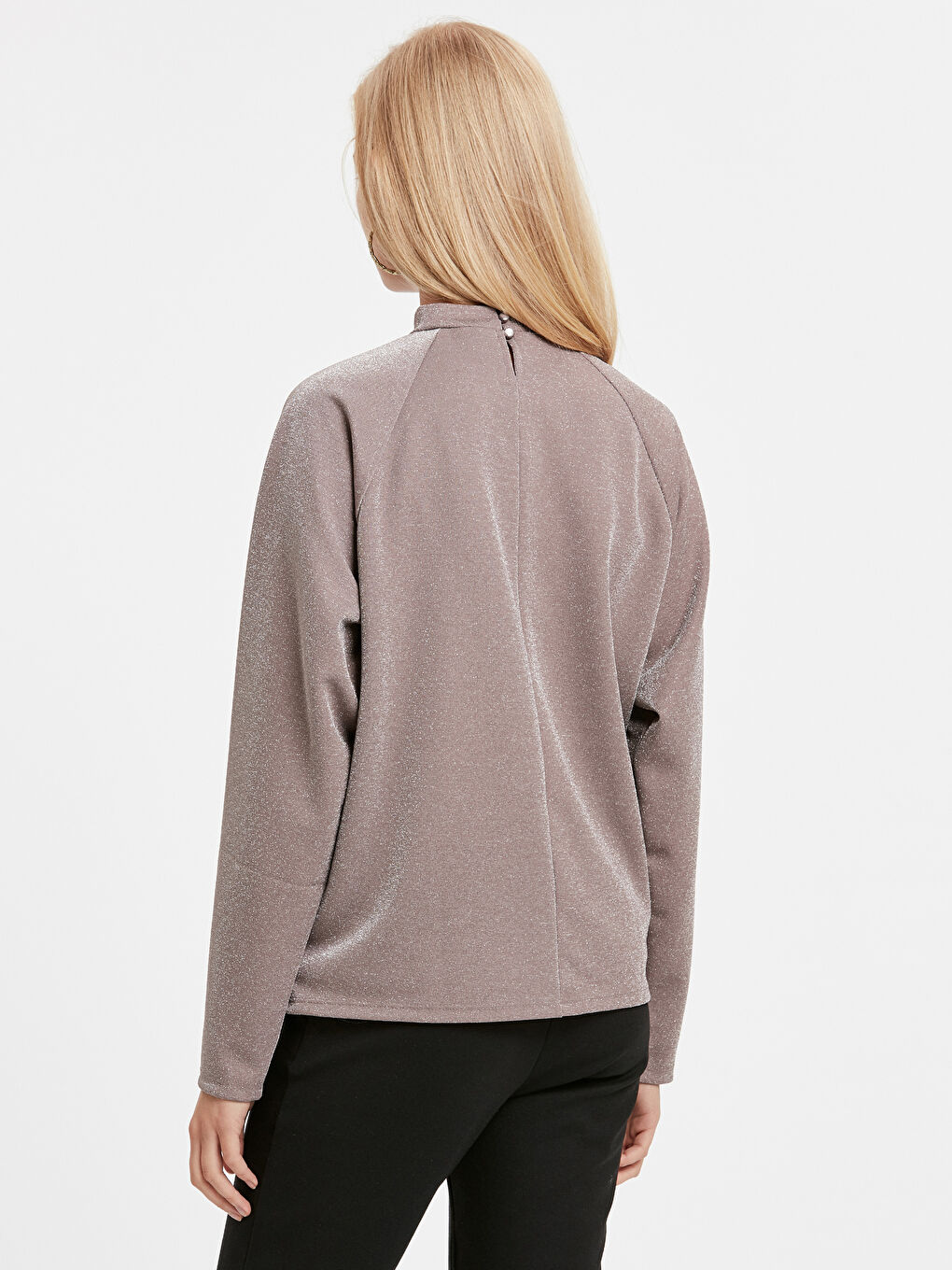 Lila Bisiklet Yaka Standart Fit Uzun Kollu Kadın Işıltılı Tişört-1