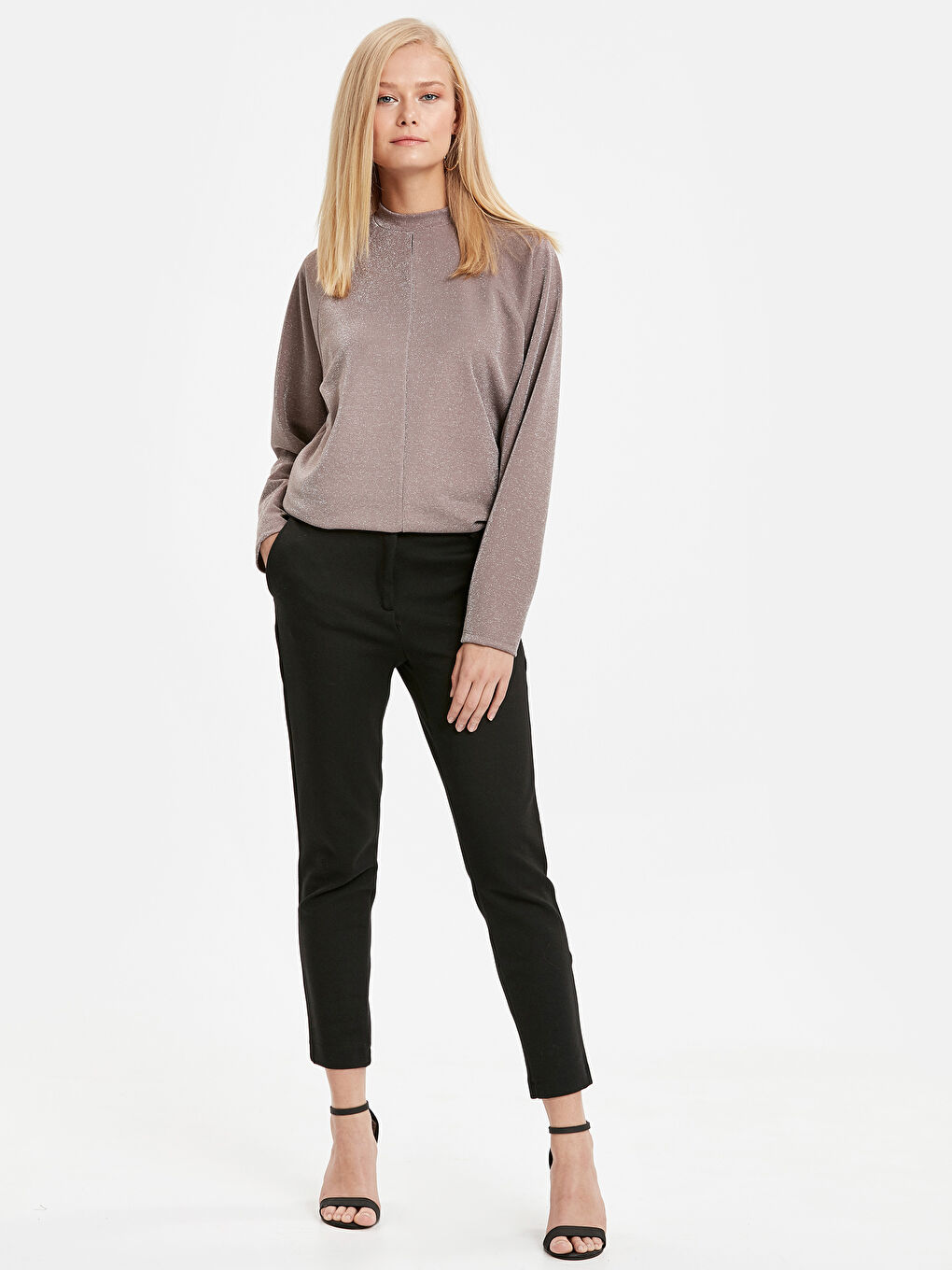 Lila Bisiklet Yaka Standart Fit Uzun Kollu Kadın Işıltılı Tişört-2