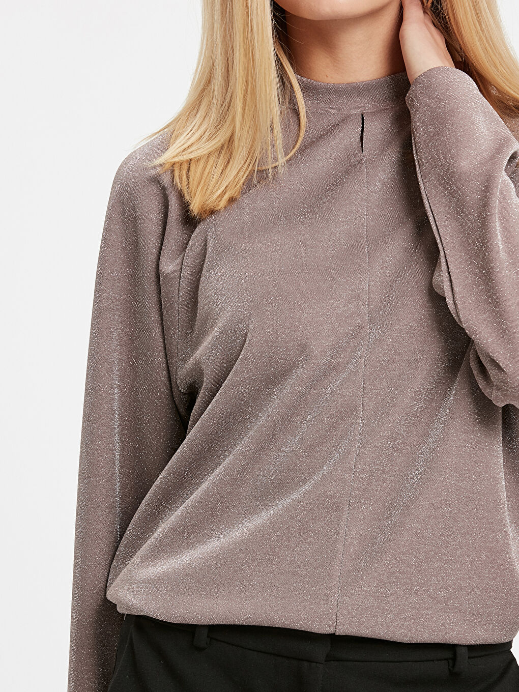 Lila Bisiklet Yaka Standart Fit Uzun Kollu Kadın Işıltılı Tişört-3