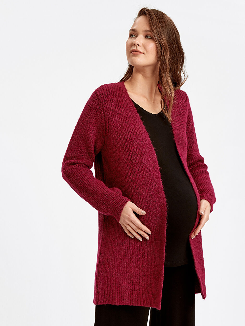 Fuşya V Yaka Standart Fit Kadın Hırka