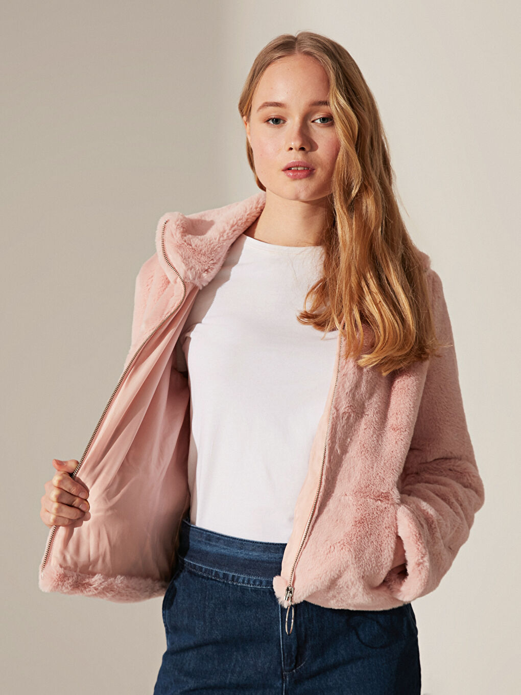 Pembe Dik Yaka Pelüş Mont-1