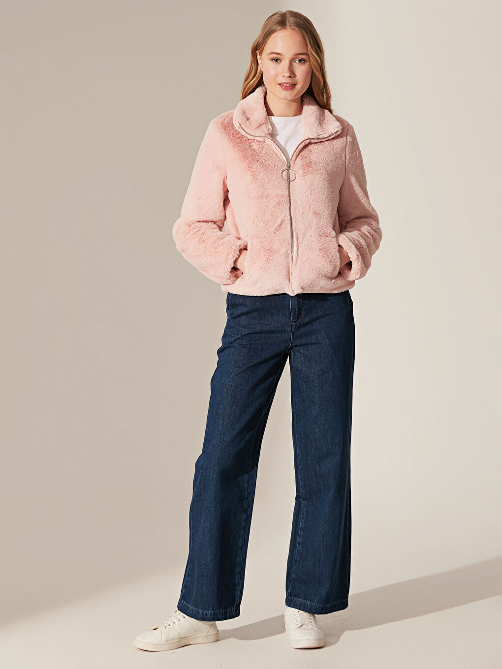 Pembe Dik Yaka Pelüş Mont-2