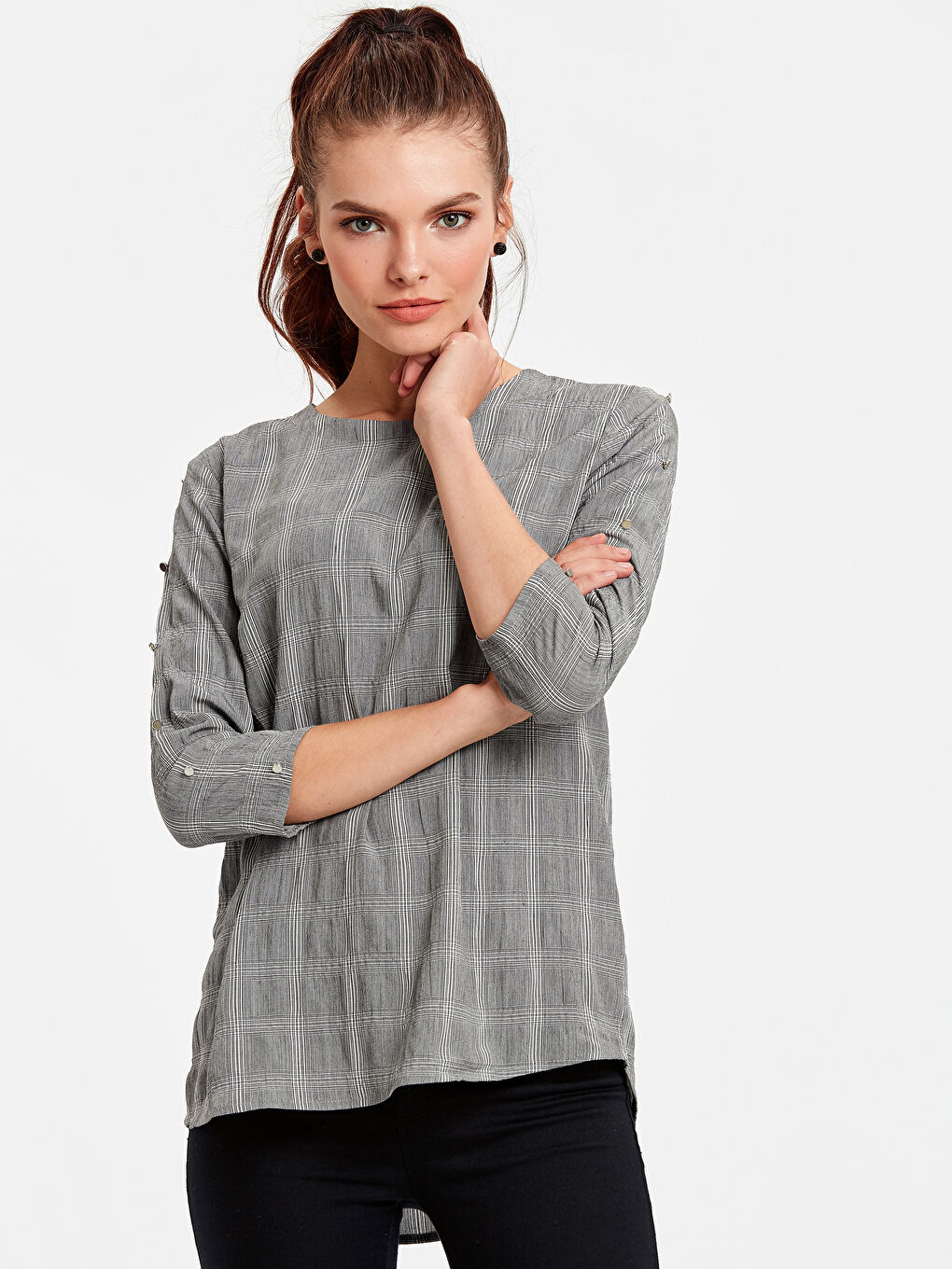 Long Sleeve Poplin Women Plaid Poplin Blouse