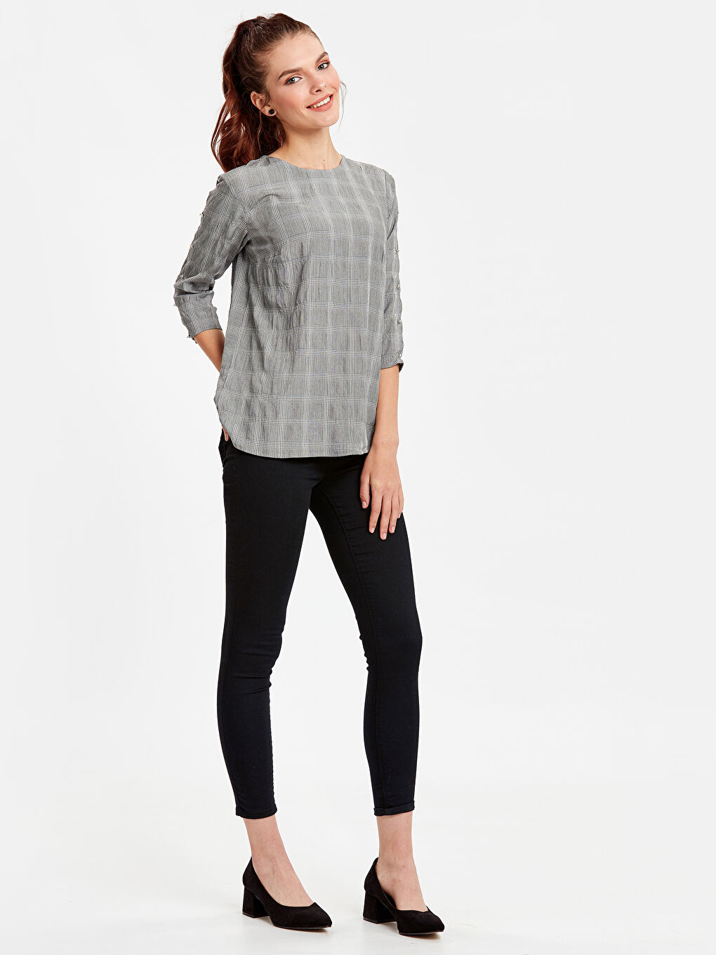 Long Sleeve Poplin Women Plaid Poplin Blouse-2