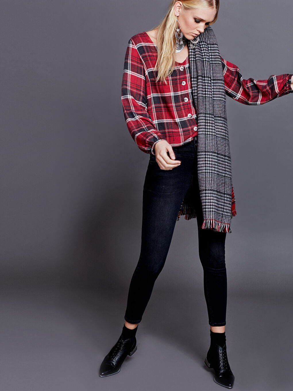 V-Neck Standard Fit Long Sleeve Gabardine Women's Blouse-2