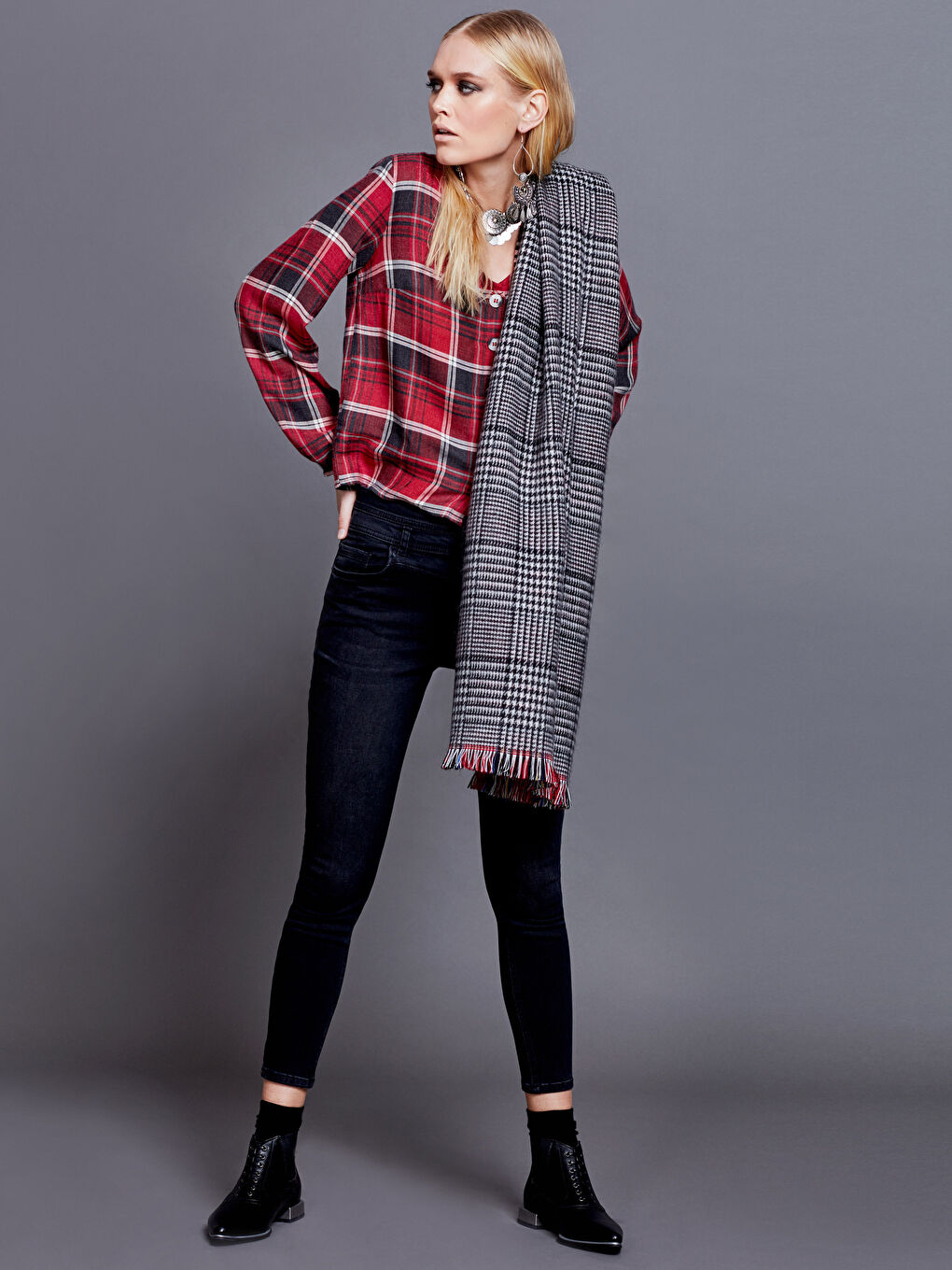 V-Neck Standard Fit Long Sleeve Gabardine Women's Blouse-3