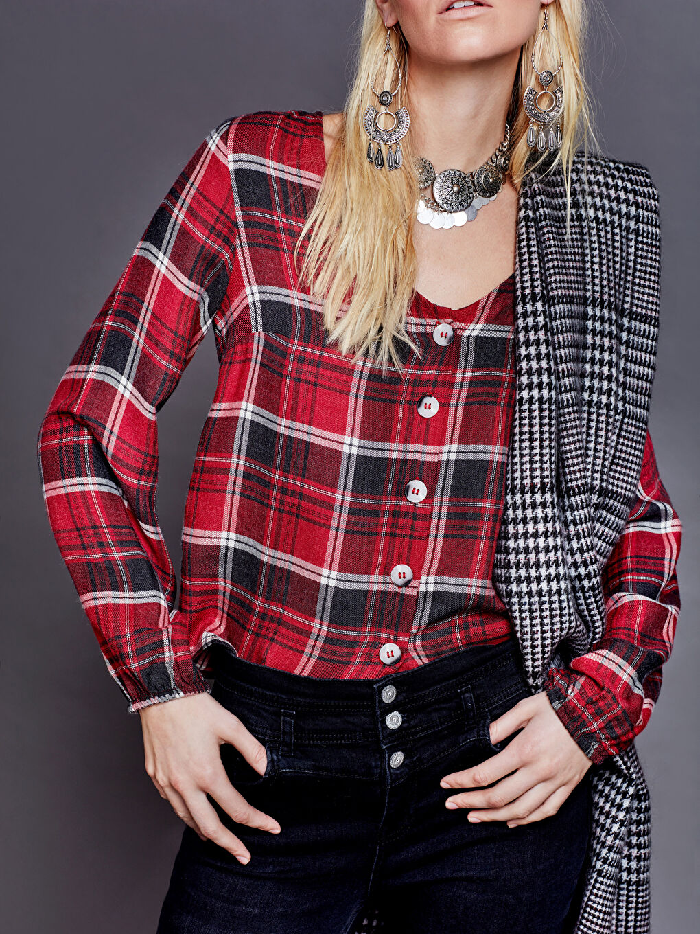 V-Neck Standard Fit Long Sleeve Gabardine Women's Blouse-4