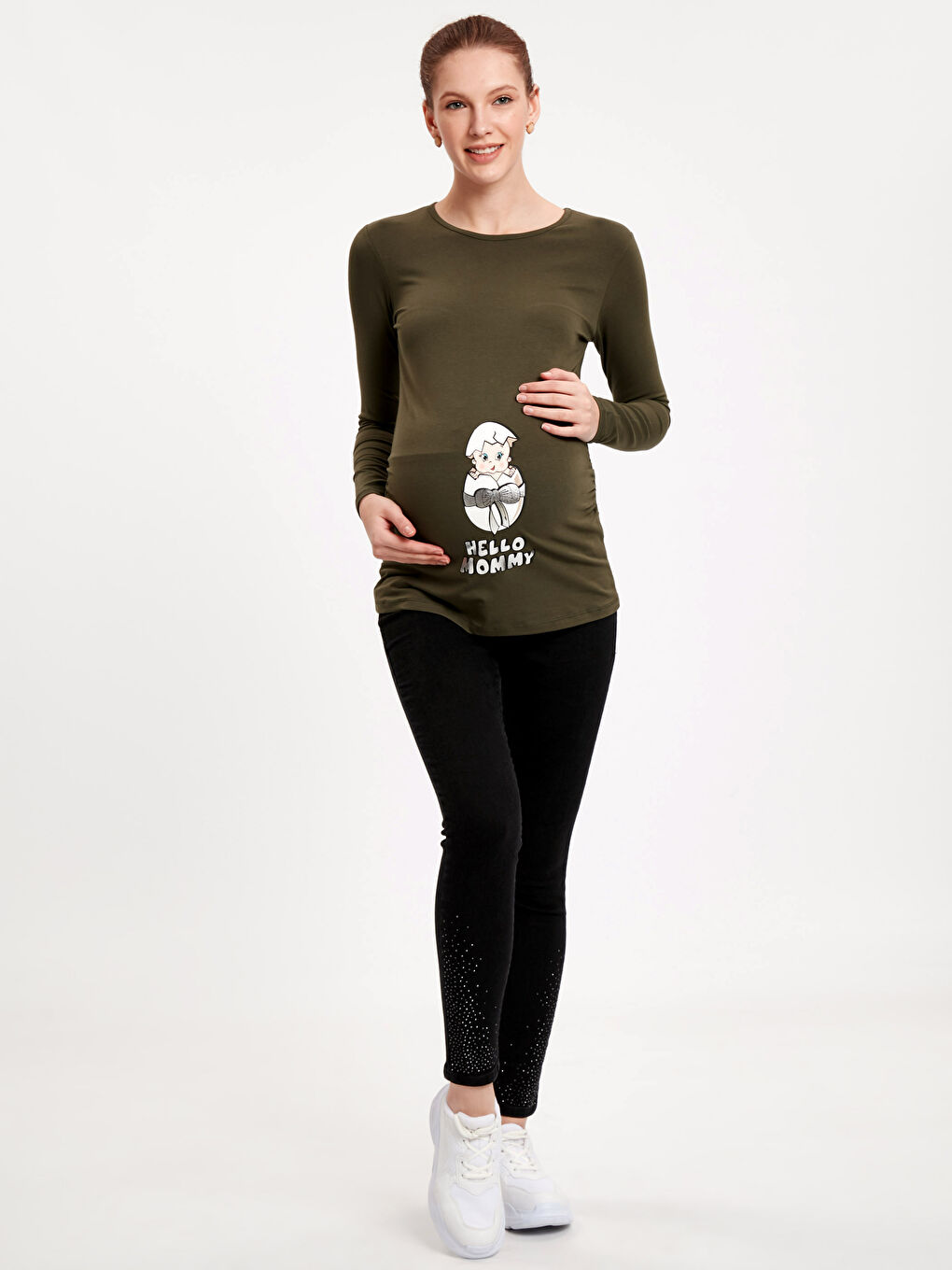 Haki Esprili Pamuklu Hamile Tişört-2