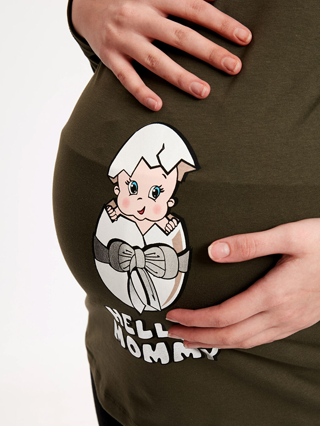 Haki Esprili Pamuklu Hamile Tişört-3