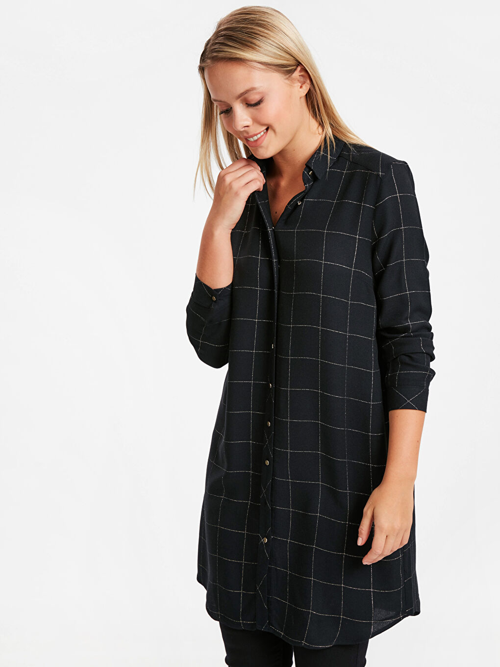 Siyah Uzun Kollu Krep Kadın Ekose Krep Tunik