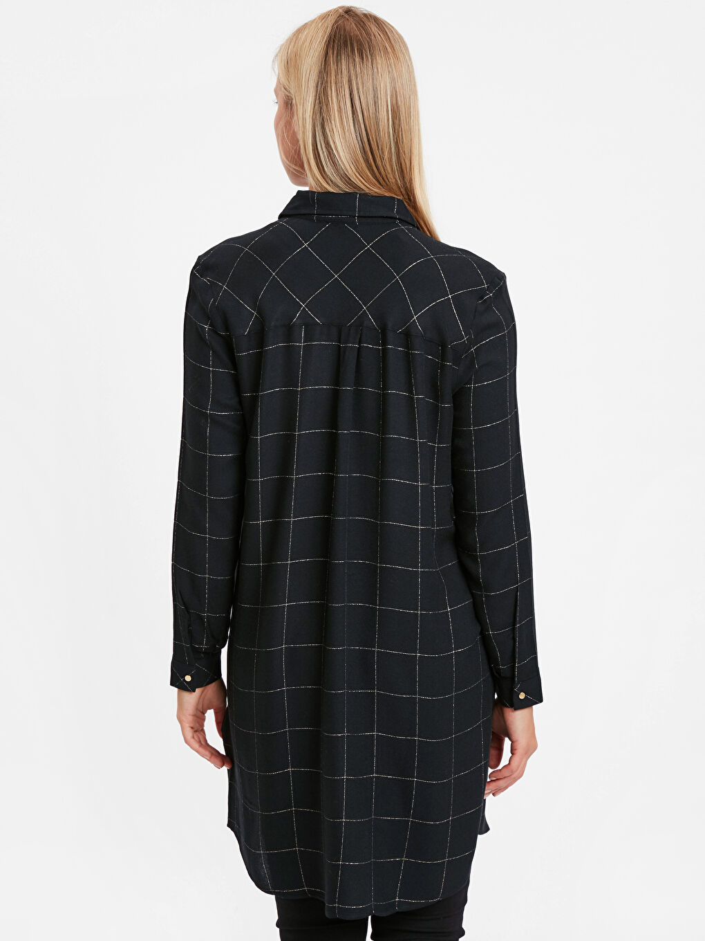 Siyah Uzun Kollu Krep Kadın Ekose Krep Tunik-1