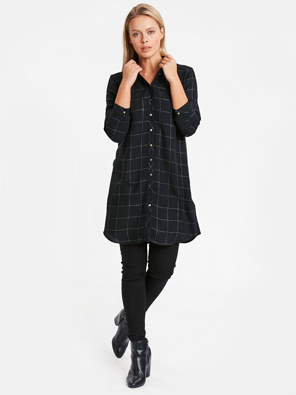 Siyah Uzun Kollu Krep Kadın Ekose Krep Tunik-2