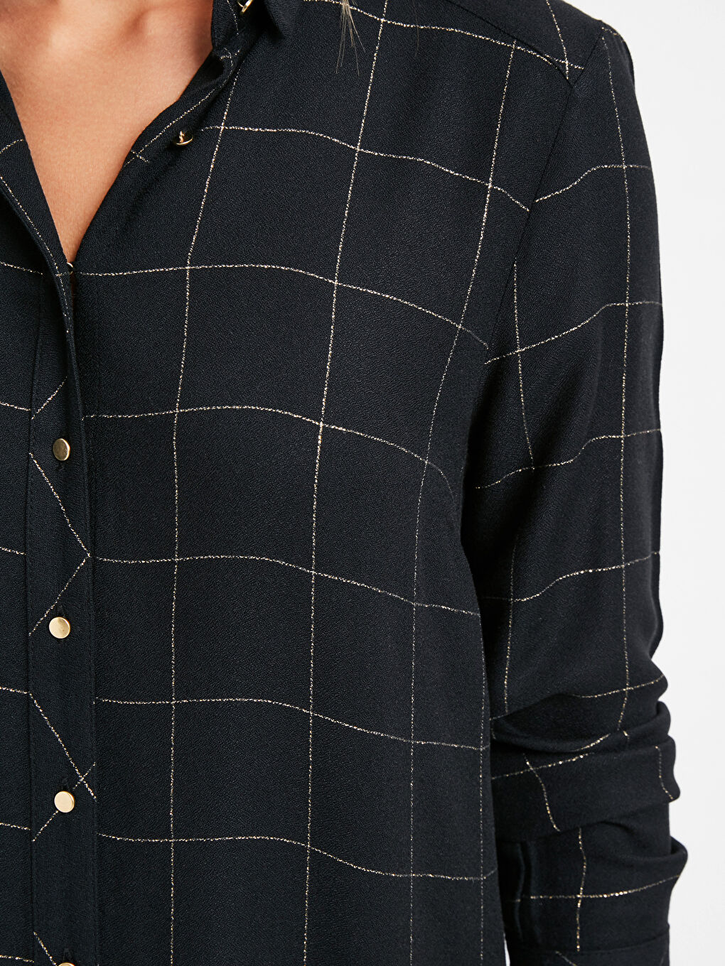 Siyah Uzun Kollu Krep Kadın Ekose Krep Tunik-3