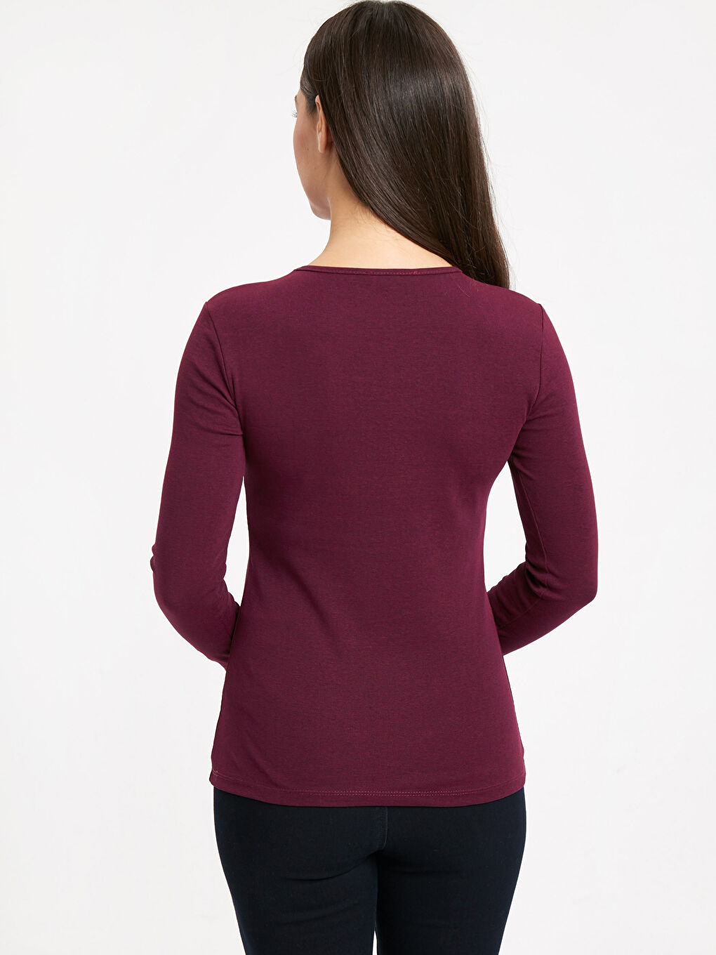 Bordo Bisiklet Yaka Standart Fit Uzun Kollu Kadın Bisiklet Yaka Tişört-1