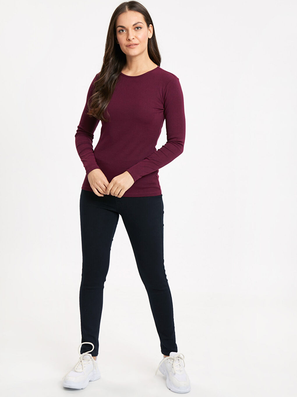 Bordo Bisiklet Yaka Standart Fit Uzun Kollu Kadın Bisiklet Yaka Tişört-2