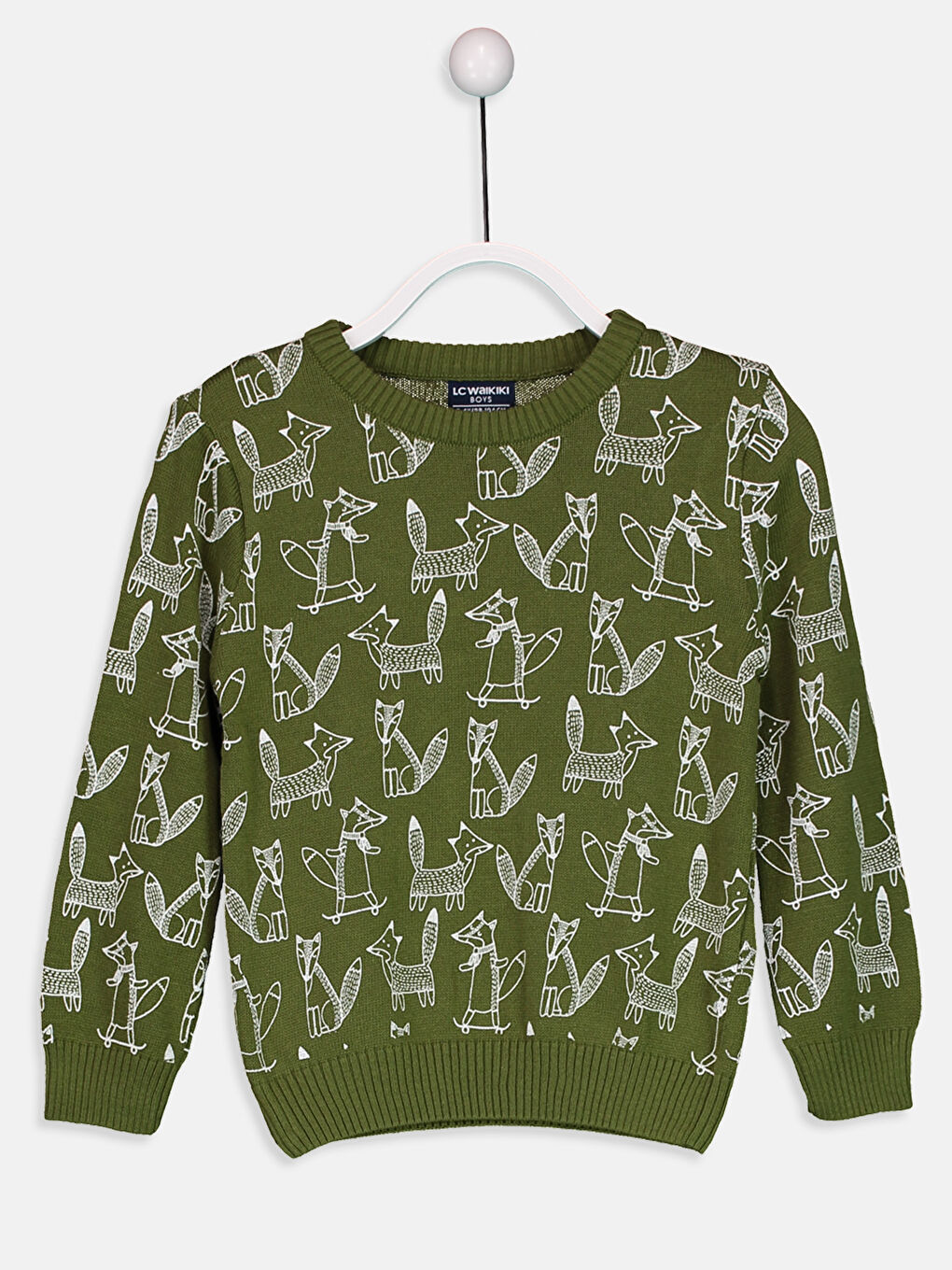 Yeşil Bisiklet Yaka Desenli Uzun Kollu Erkek Çocuk Triko Kazak