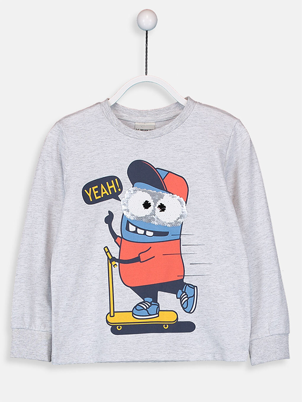 Gri Bisiklet Yaka Baskılı Uzun Kollu Erkek Çocuk Tişört