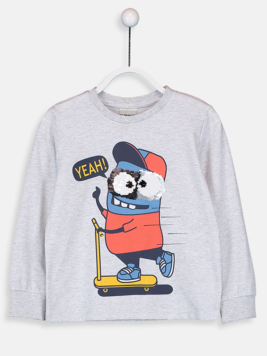 Gri Bisiklet Yaka Baskılı Uzun Kollu Erkek Çocuk Tişört-1