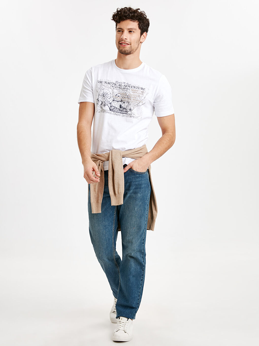 Beyaz Bisiklet Yaka Penye Erkek Tişört-2