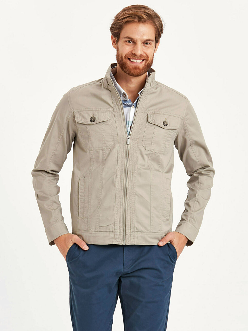 Bej Standart Kalıp Dik Yaka Erkek Mont