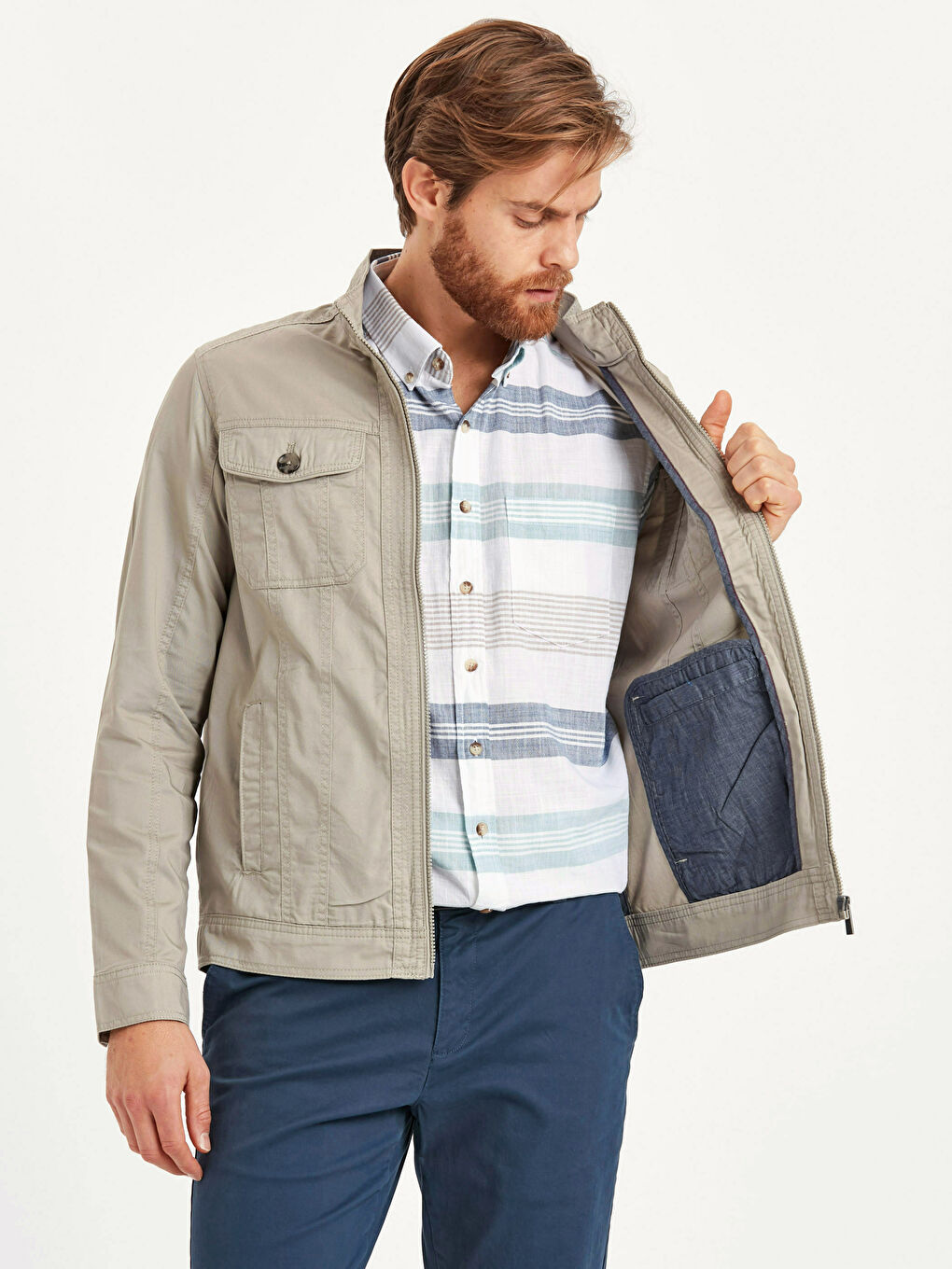 Bej Standart Kalıp Dik Yaka Erkek Mont-1