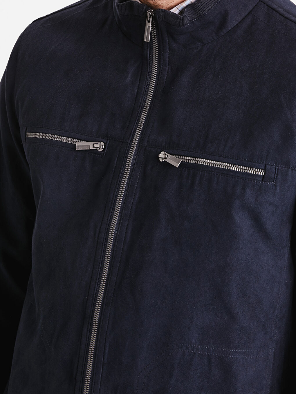 Lacivert Standart Kalıp Dik Yaka Erkek Deri Görünümlü Mont-3