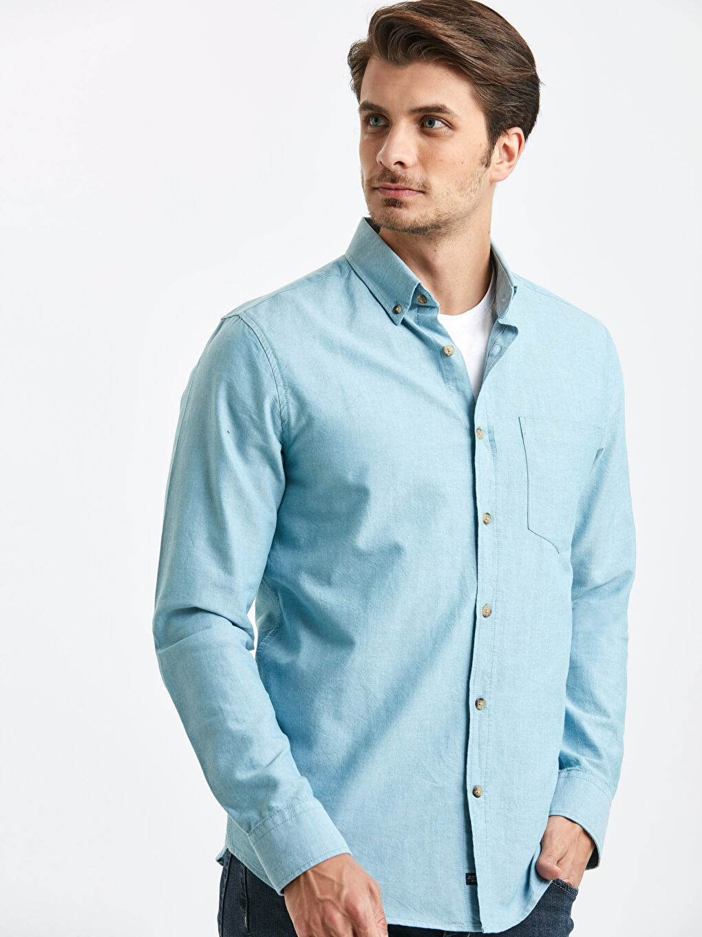 Yeşil Regular Fit Uzun Kollu Oxford Gömlek