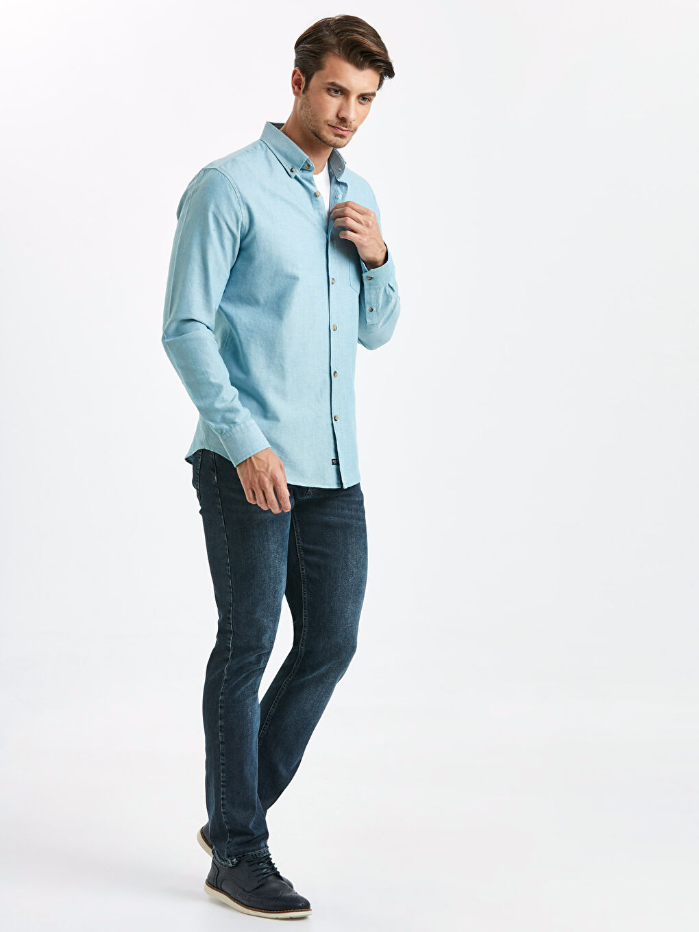 Yeşil Regular Fit Uzun Kollu Oxford Gömlek-2