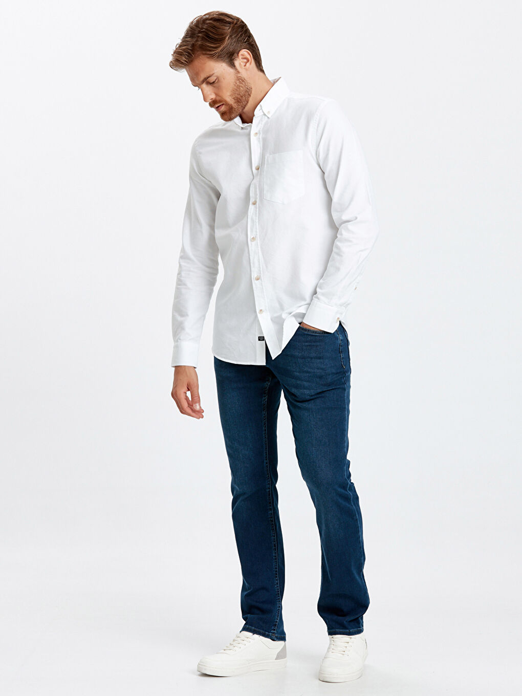 Beyaz Regular Fit Uzun Kollu Oxford Gömlek-2