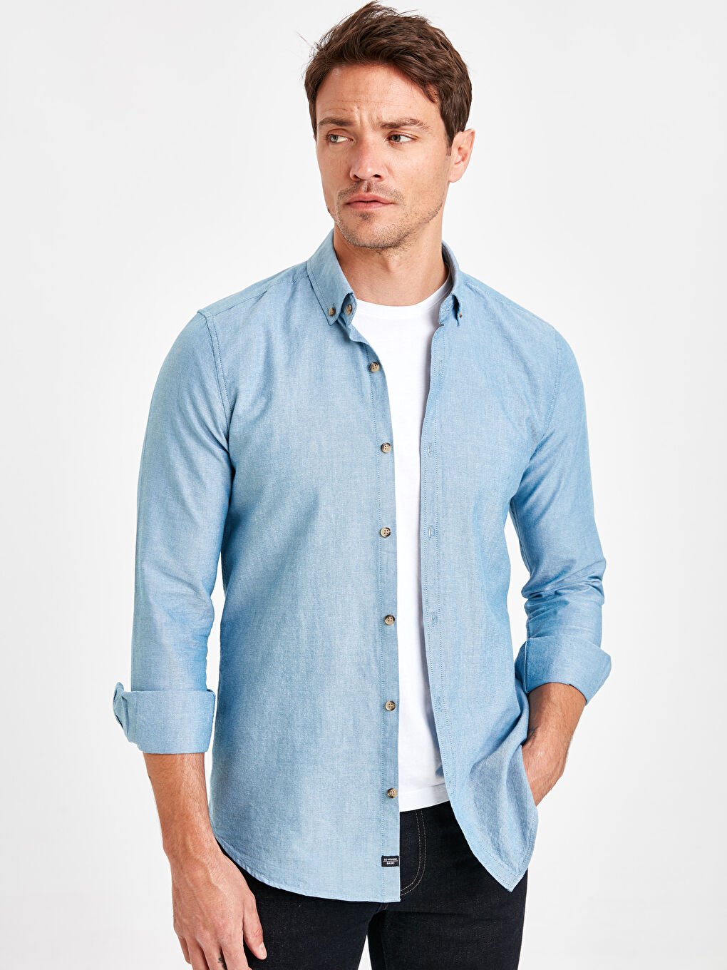 Petrol Slim Fit Uzun Kollu Oxford Erkek Gömlek