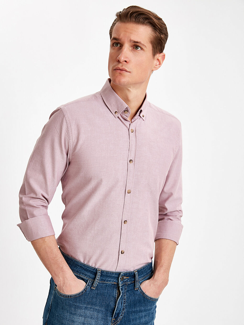 Pembe Slim Fit Uzun Kollu Oxford Erkek Gömlek-1