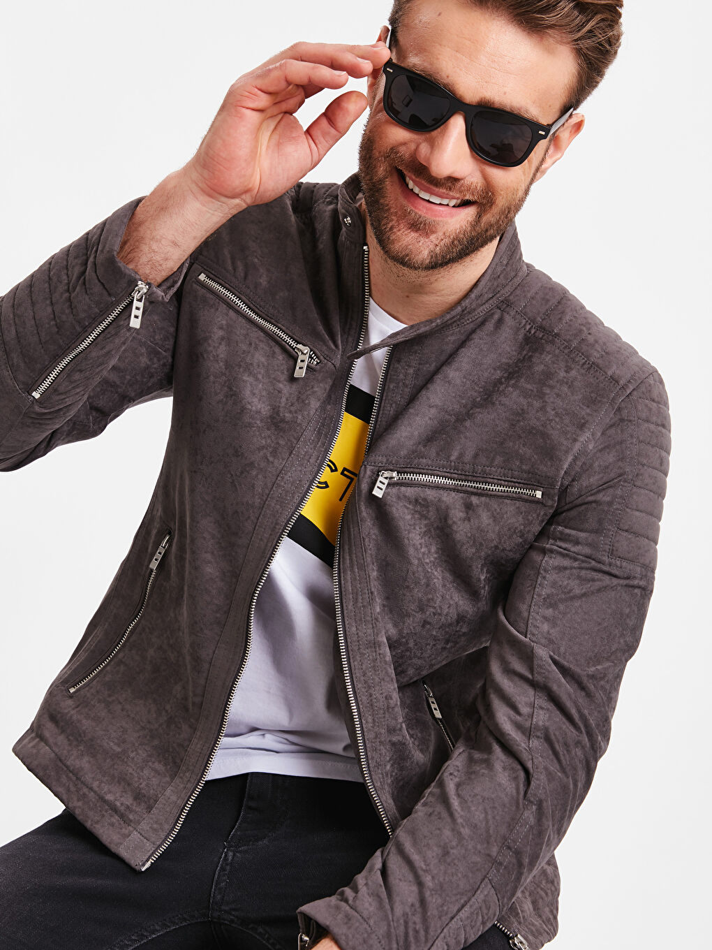 Gri Slim Fit Erkek Deri Görünümlü Mont