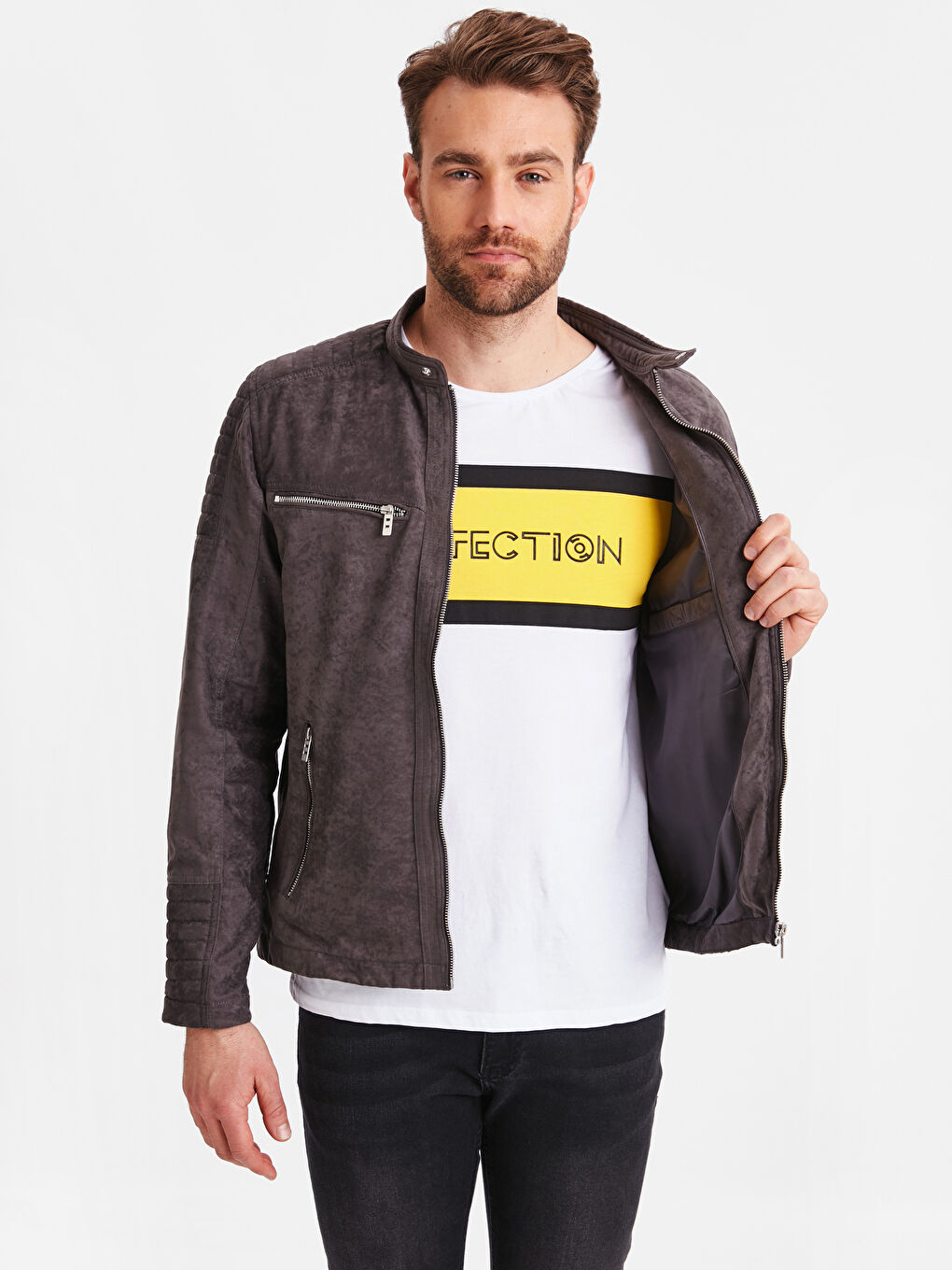 Gri Slim Fit Erkek Deri Görünümlü Mont-1