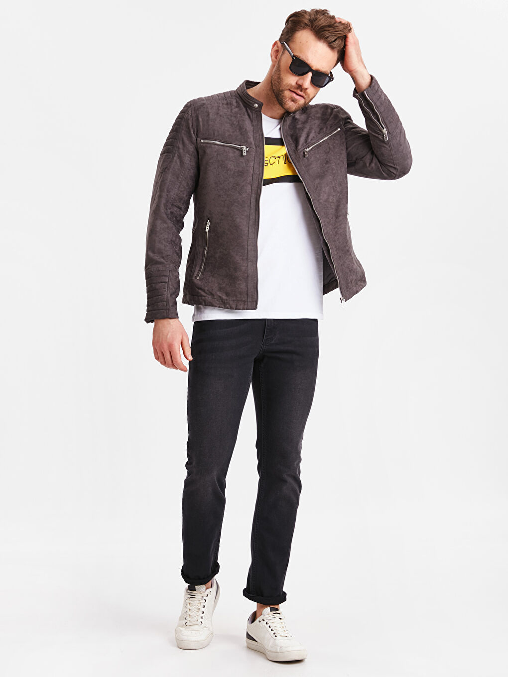 Gri Slim Fit Erkek Deri Görünümlü Mont-3