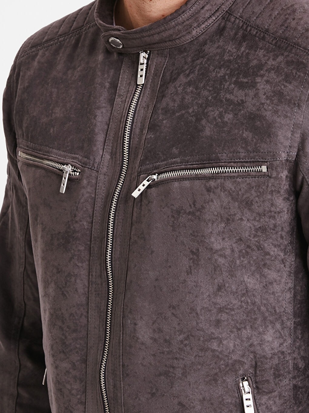 Gri Slim Fit Erkek Deri Görünümlü Mont-4